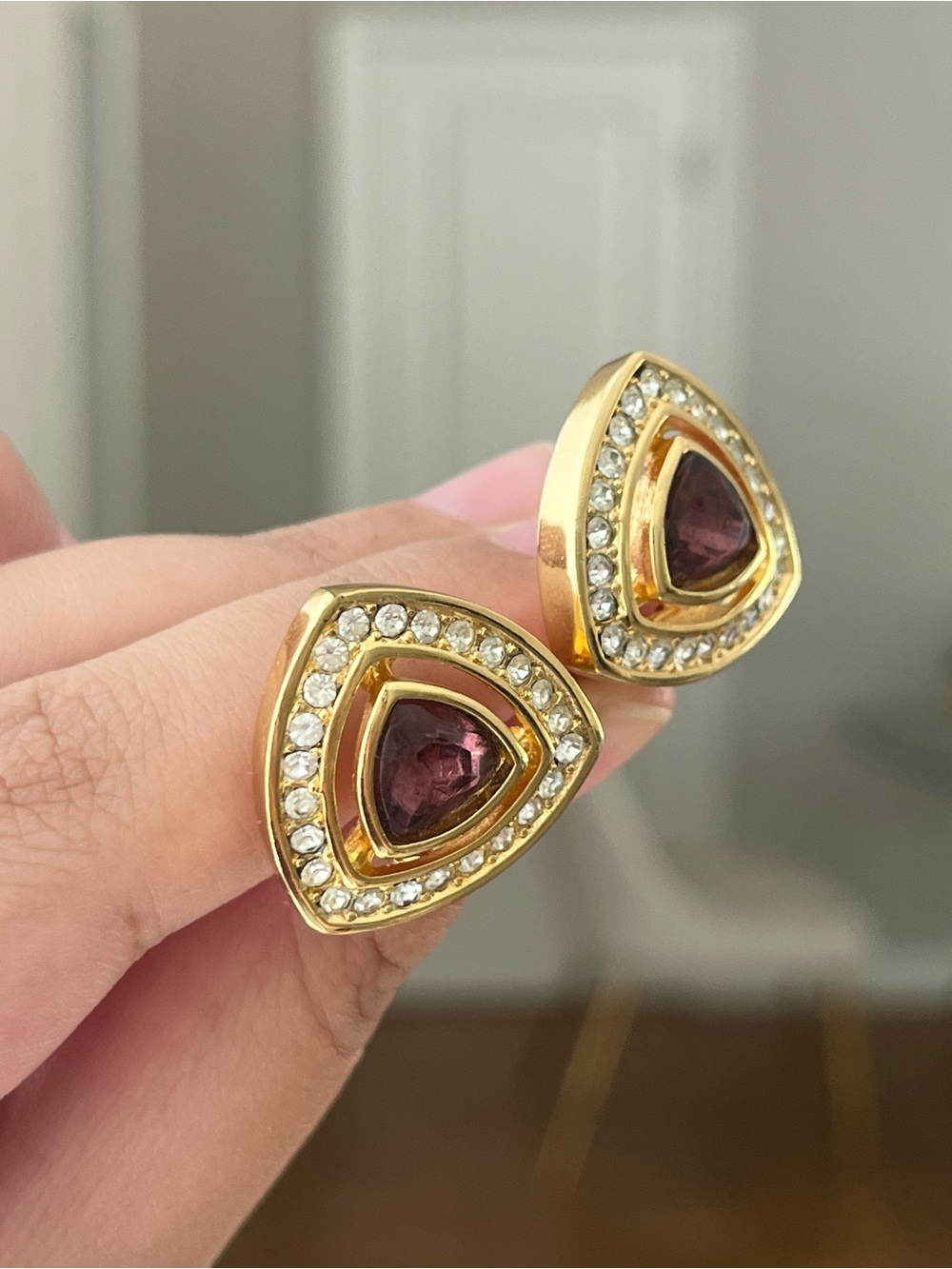 Authentic Vintage Dior Purple Brown Rhinestone Triangular Gold Clip-On Earrings - Picture 6 of 8